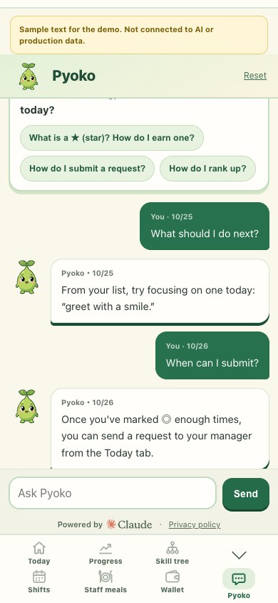 Hoppin Pyoko coach screen showing a conversation about next steps and requests