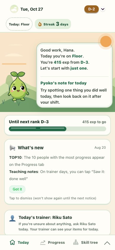 Hoppin demo Today screen showing a message from Pyoko and the next rank