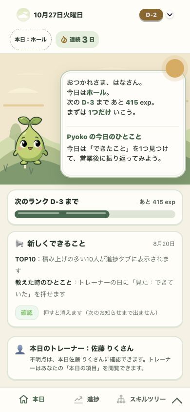 Hoppin開発版デモの本日画面。ピョコの声かけと次のランクが表示されている