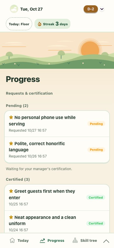 Hoppin progress screen showing pending and recognized skills
